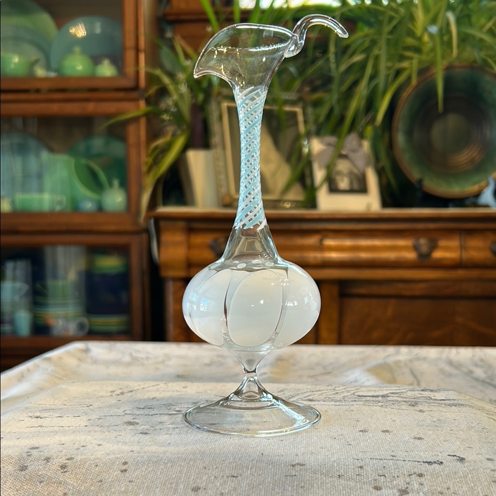 Austrian Bimini Turquoise & White Hand Painted Hand Blown Glass Pitcher